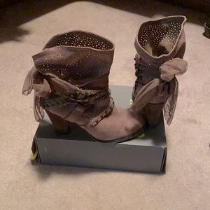 Not Rated Taupe Heeled Ankle Boots with Bow and Stud Details